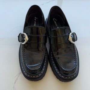 SAM EDELMAN chunky black patent leather loafers